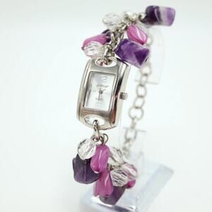 Avenue Womens Purple Gem Stone Bracelet Watch 22mm Silver Tone w New Battery